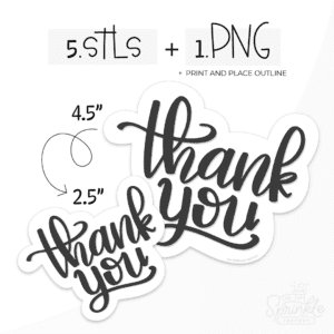 Digital image of a hand letter cursive writing "thank you" in black with an offset white background.