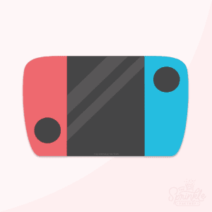 Graphic image of a video game console in red and blue on a pink background.
