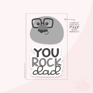 Graphic image of a grey rock with glasses, with you rock dad below it all on pink background.