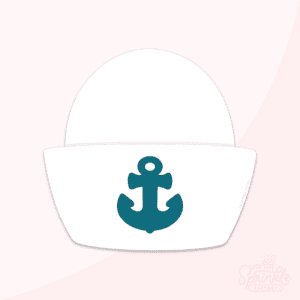 Image of a chubby white sailor hat with a teal anchor on the brim