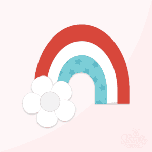 Image of red, white and blue rainbow with a white flower at the end of the rainbow