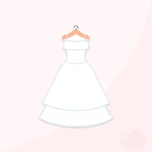 A graphic of a ballgown style wedding dress on a wooden hanger