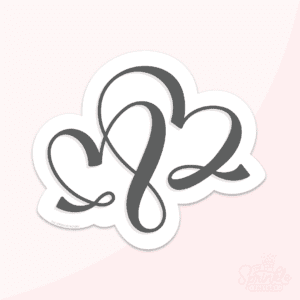 Digital image of a hand lettered cursive hearts intertwined in black with an offset white background.