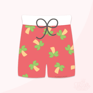 Clipart of a red swim trunk with green palm leaves on them.